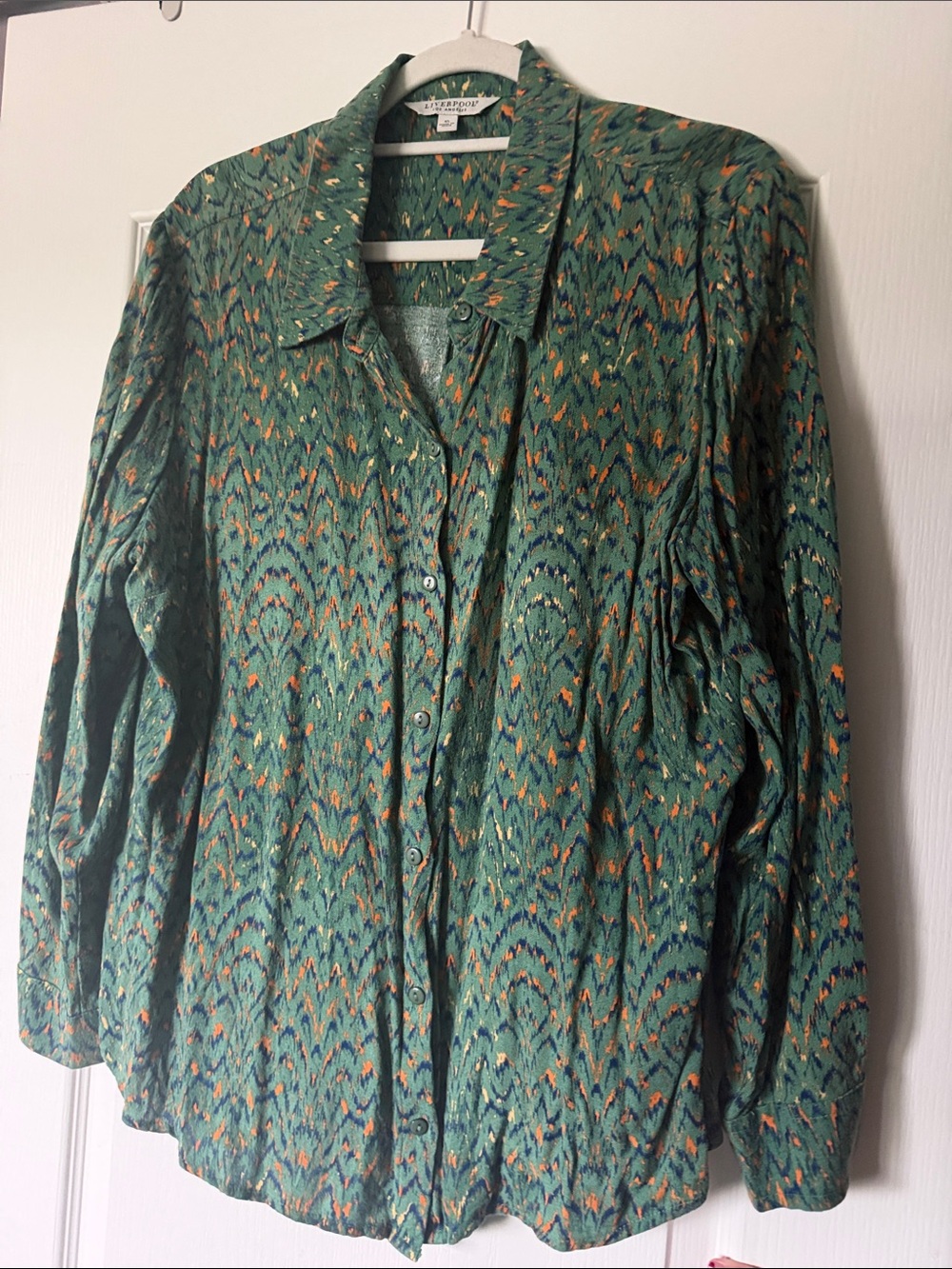 Liverpool | Green Patterned Button-Down Shirt with Orange & Navy Accents